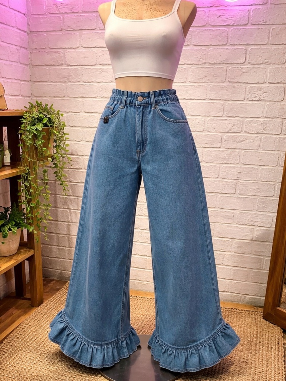 SHEIN Medium Blue Wide-Leg Ruffle Hem Jeans